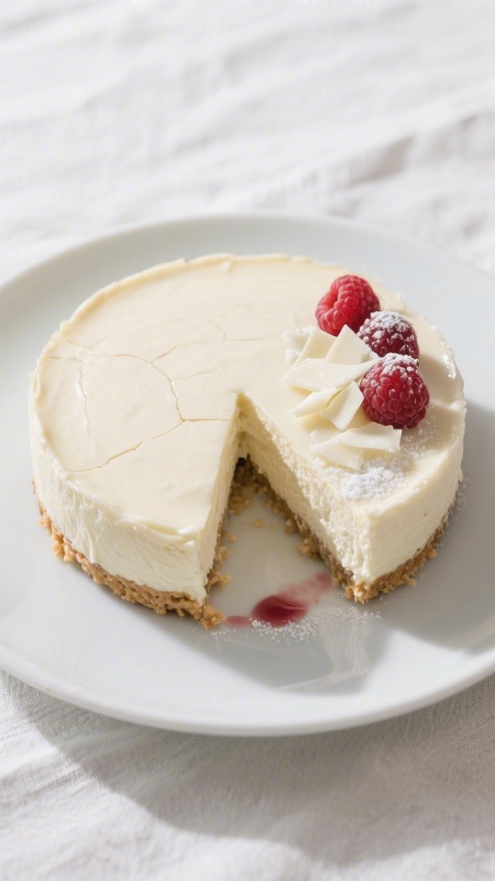 Overhead final presentation of a chilled Low-Calorie White Chocolate Cheesecake, clean slice removed