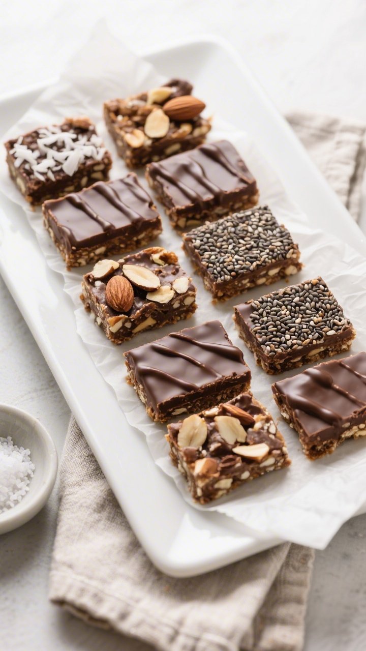 Overhead final presentation of individually cut No Bake Chocolate Protein Bars arranged in a tidy gr