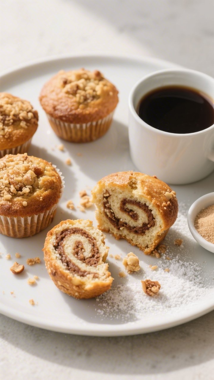 Overhead final presentation of keto coffee cake muffins on a matte white platter beside a small dish