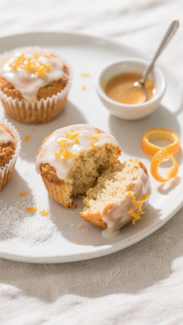 Overhead final presentation of Keto Orange Muffins on a white ceramic platter, neatly glazed with a