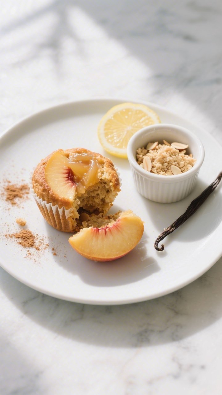 Overhead final presentation of Keto Peach Cobbler Muffins arranged on a matte white plate with one m