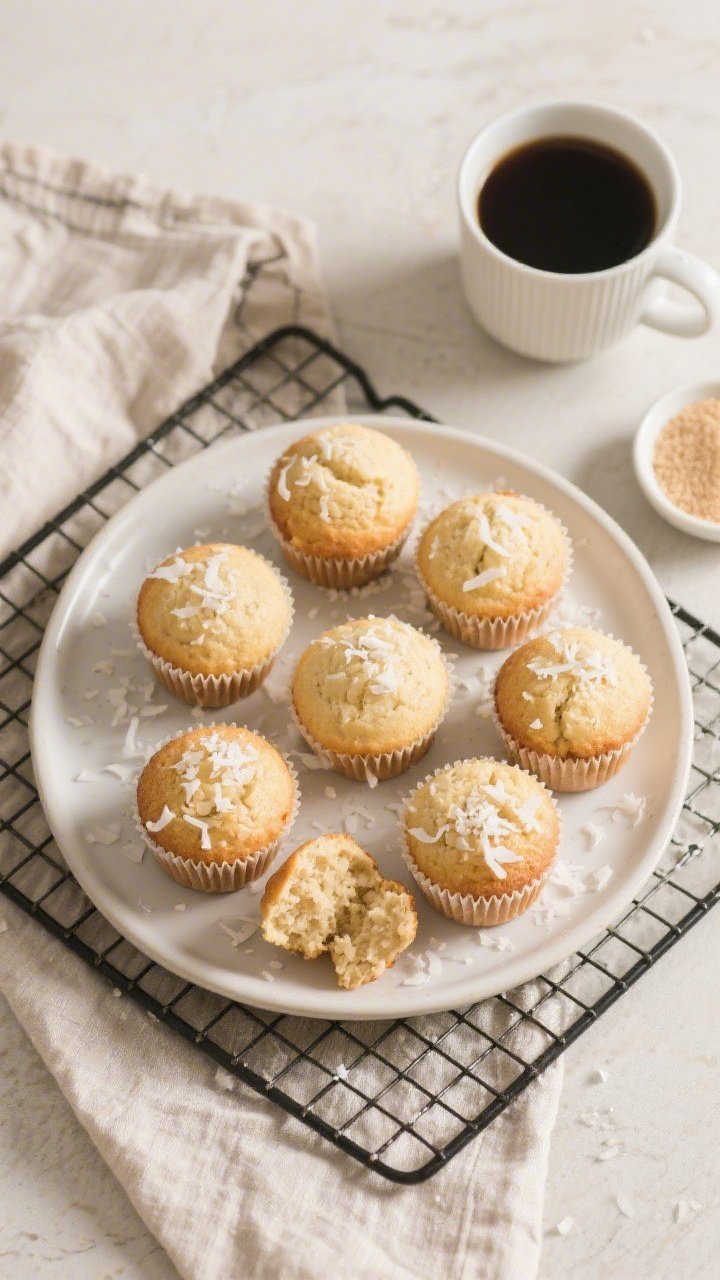 Overhead final presentation of Keto Vanilla Coconut Muffins on a matte white plate and a cooling rac