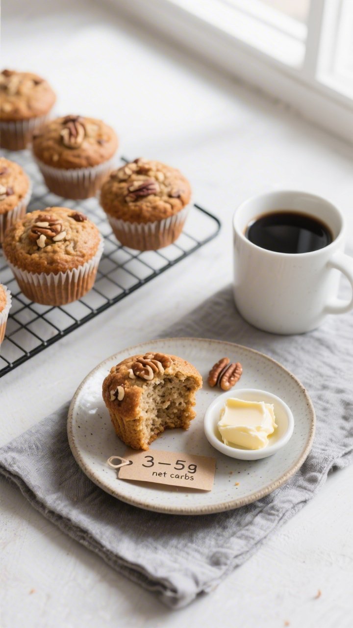 Overhead final presentation of keto walnut muffins arranged on a cooling rack and a ceramic plate be