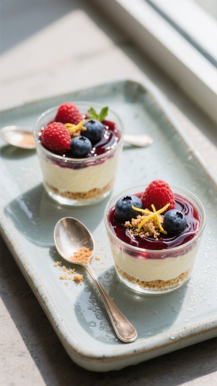 Overhead final presentation of low-calorie cheesecake mousse in petite clear glasses, topped with a 
