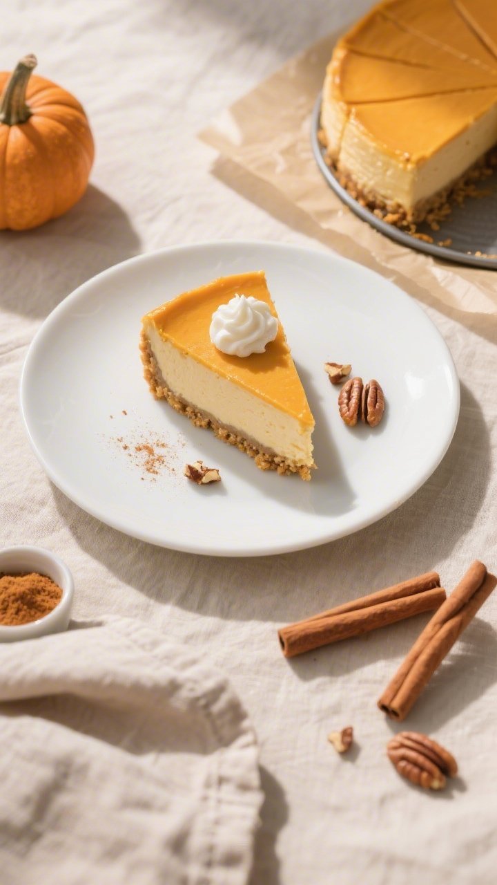 Overhead final presentation of sliced low-calorie pumpkin cheesecake on a matte white dessert plate: