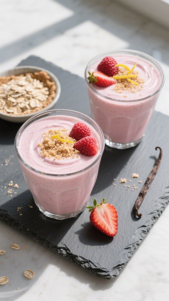 Overhead final presentation of the Low-Calorie Cheesecake Smoothie in two clear tumblers, topped wit