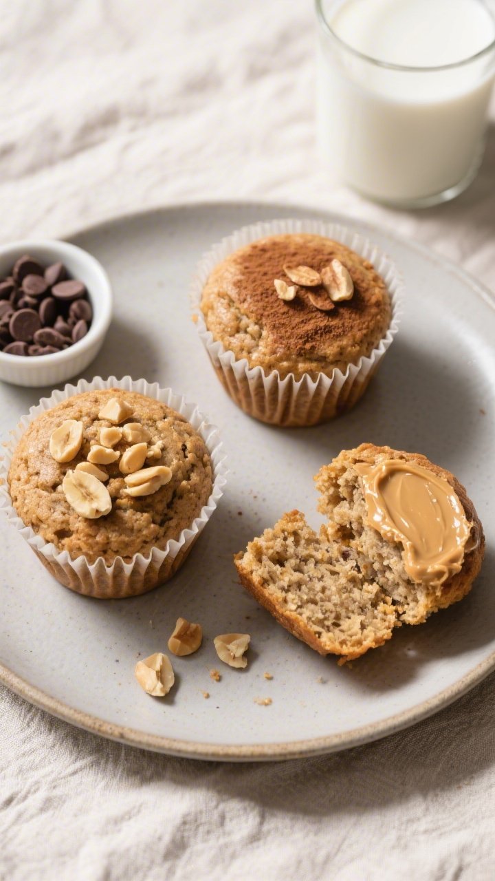 Overhead final presentation of three keto peanut butter banana muffins on a matte ceramic plate, one