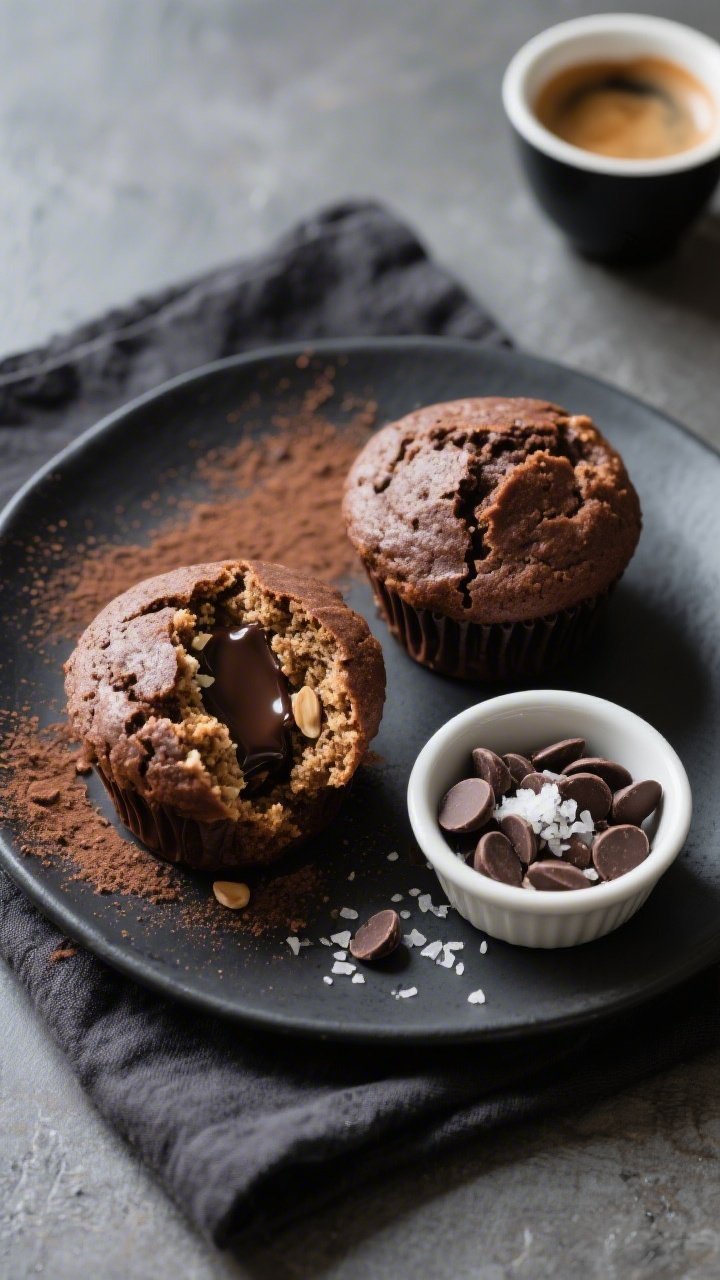 Overhead final presentation of two keto dark chocolate muffins on a matte charcoal plate, one muffin