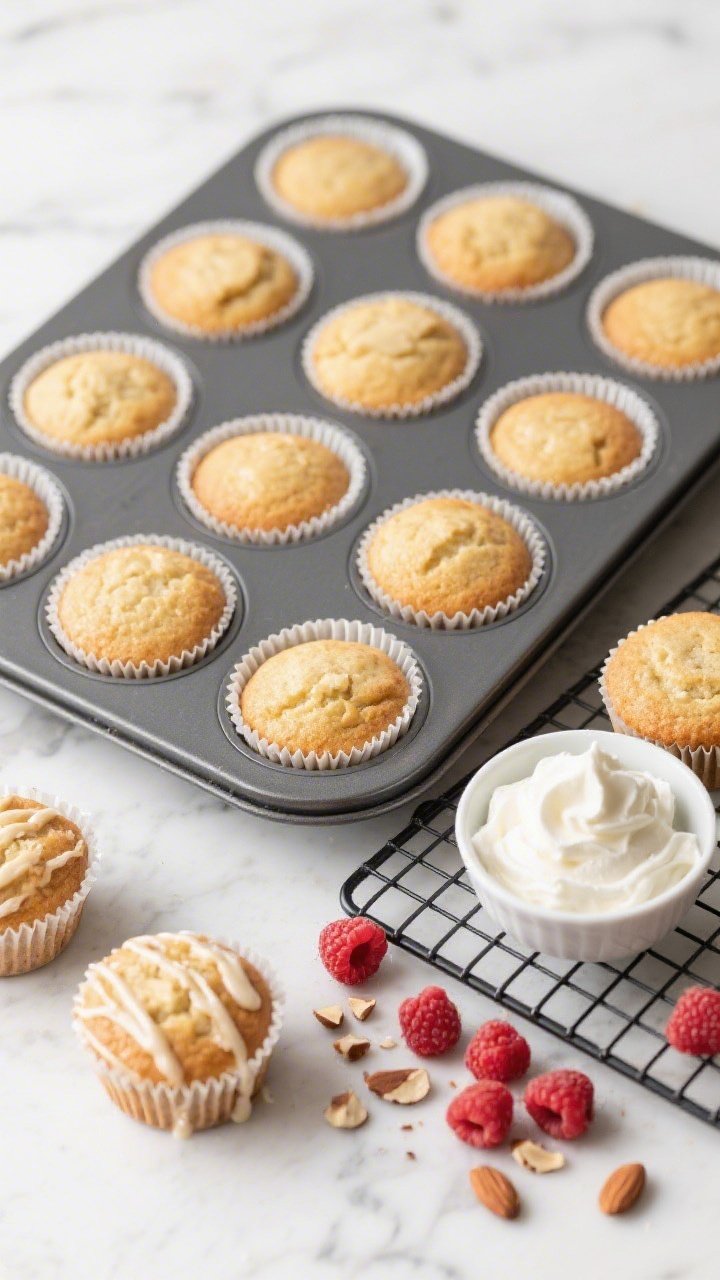 Overhead final presentation + process context: A 12-cup muffin tin on a cooling rack with evenly bak