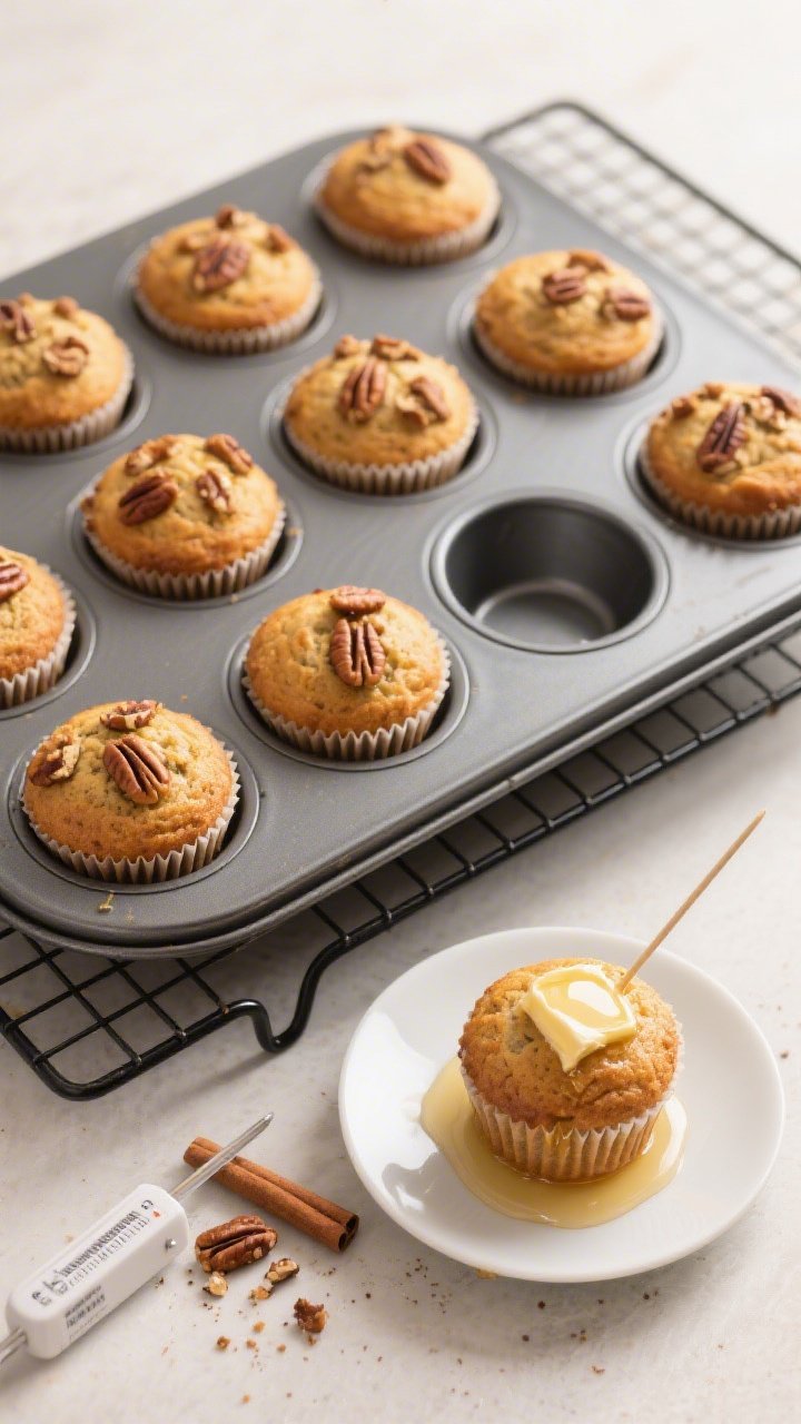 Overhead final presentation + process contrast: Tasty top view of a 12-cup muffin tin on a cooling r