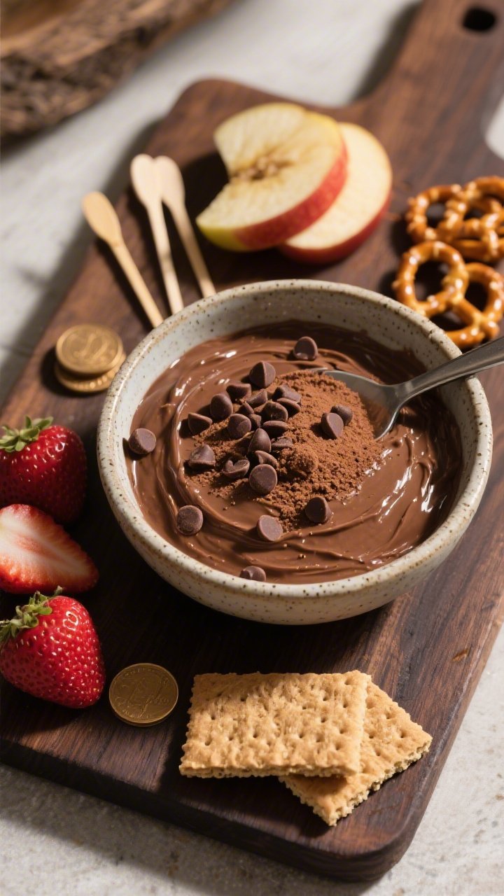 Overhead final presentation: Protein Brownie Batter Dip spooned into a low, wide stoneware bowl, top