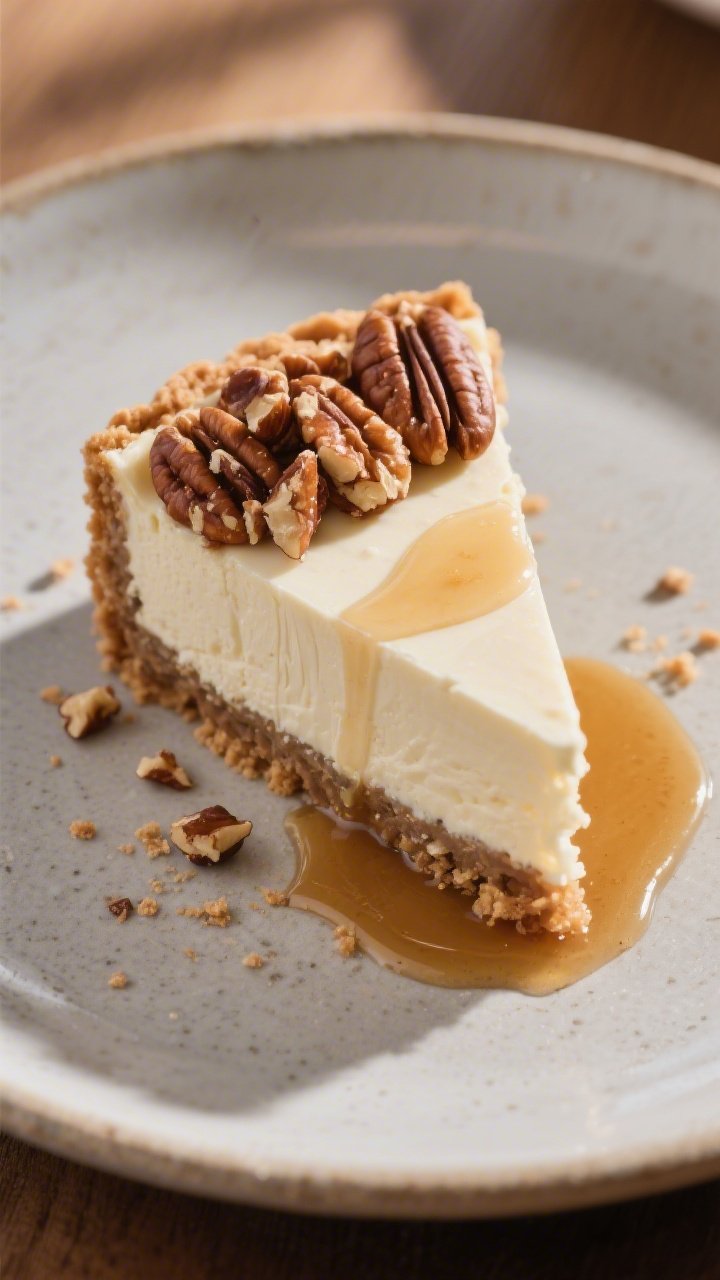 Overhead final presentation shot of a single plated slice of low-calorie pecan cheesecake on a matte