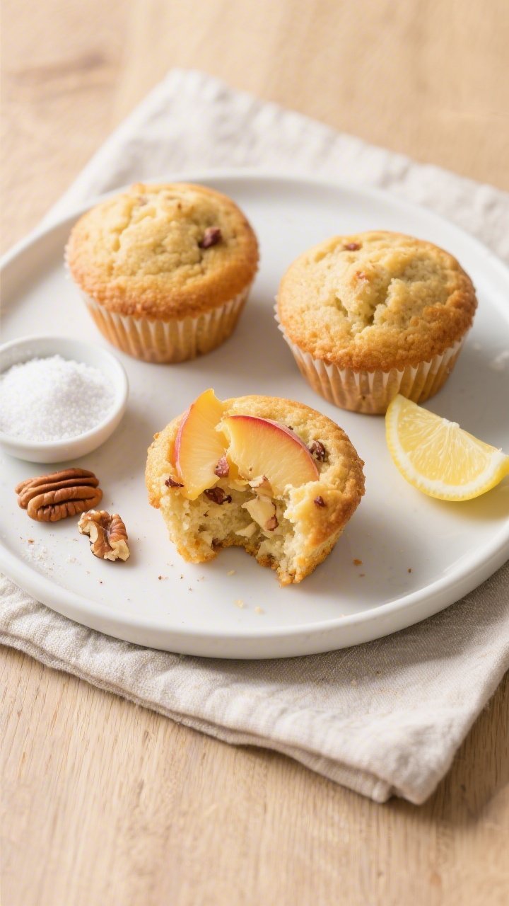 Overhead final presentation: Three keto peach muffins on a matte white plate with one muffin torn op