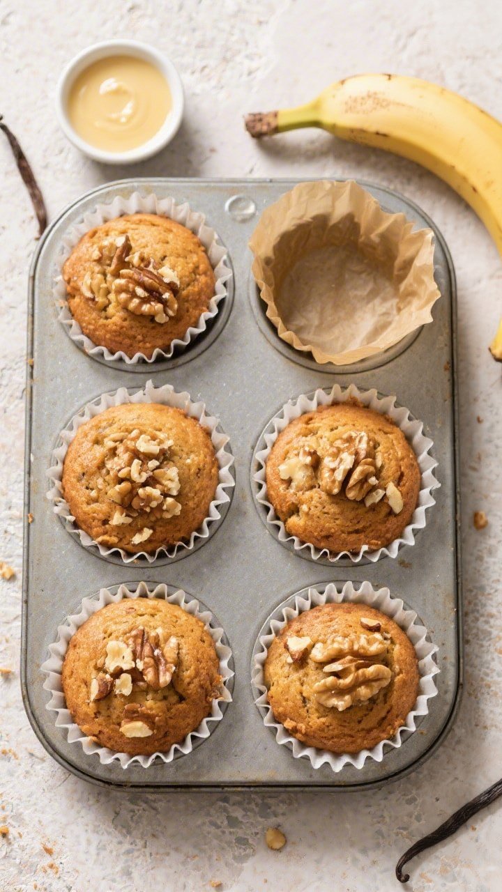 Overhead final presentation: Twelve freshly baked keto banana muffins in a parchment-lined muffin ti