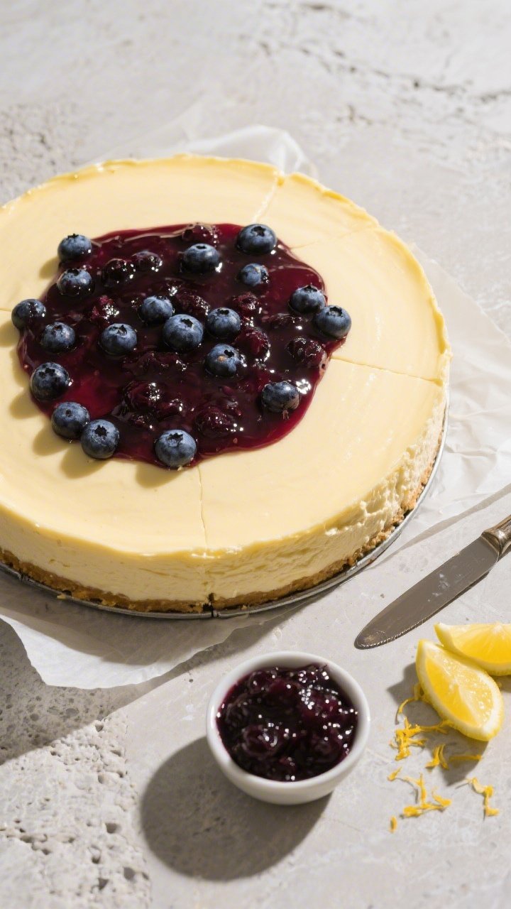 Overhead, in-process shot of the full cheesecake on parchment-lined springform base just after toppi