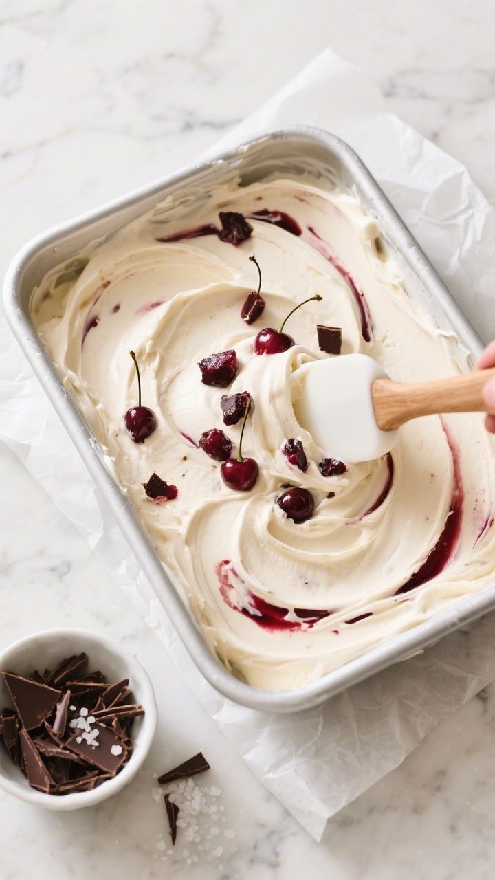 Overhead process shot: No-churn method in action—partially set ice cream base in a shallow, freeze