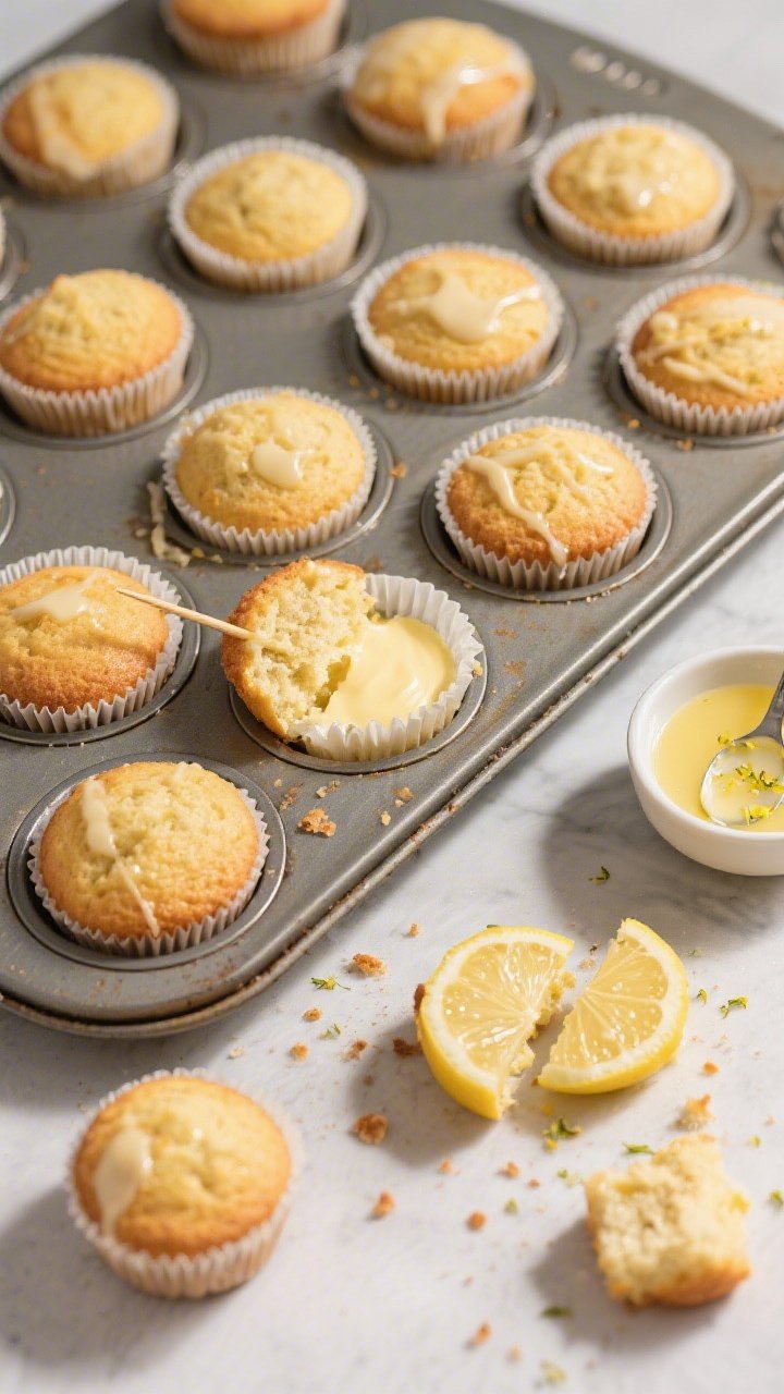 Overhead process shot of a muffin tin just out of the oven: 12 Keto Lemon Cream Muffins evenly domed