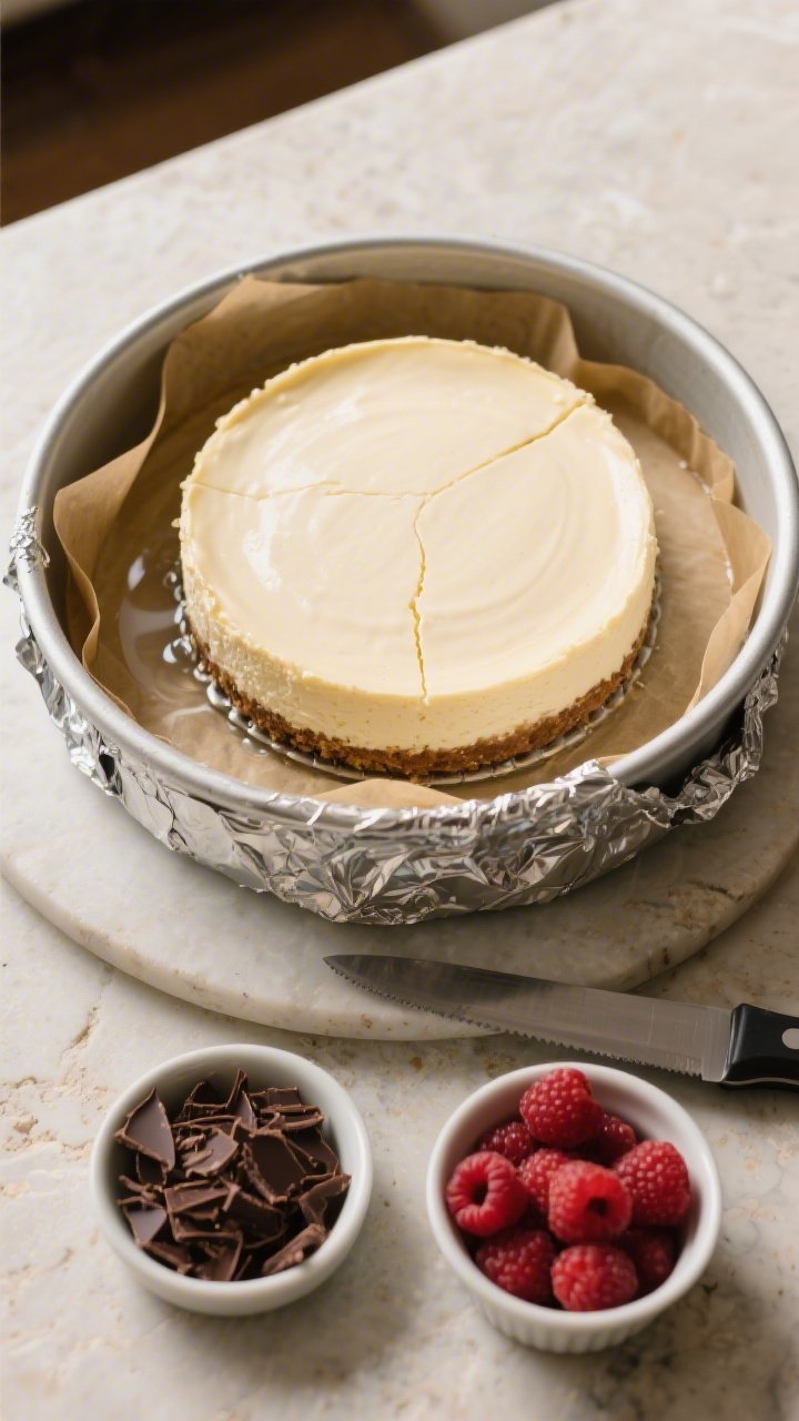 Overhead process shot of the cheesecake just set in a water bath after baking, still in the parchmen