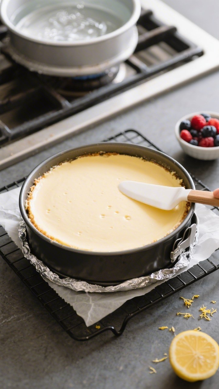 Overhead process shot of the prepared cheesecake in the springform pan on a cooling rack, post-bake 