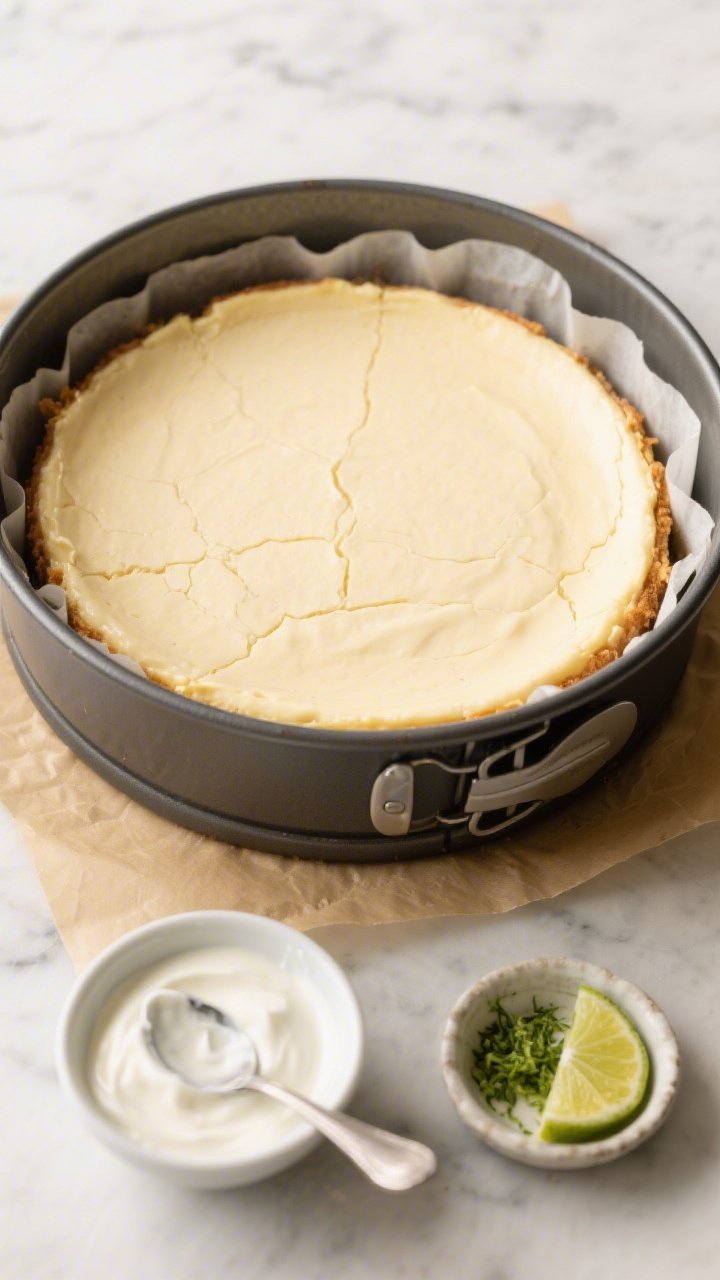 Overhead process shot: The baked cheesecake still in a 9-inch springform pan set inside a dry roasti