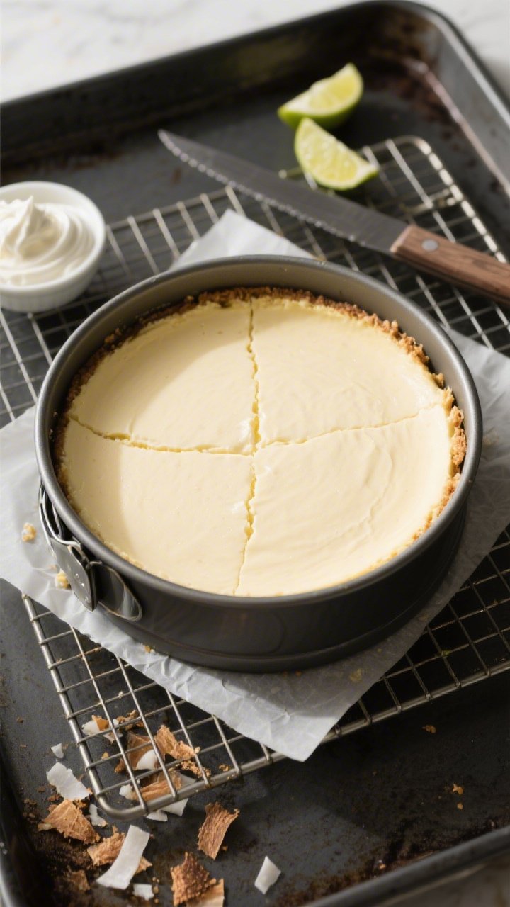 Overhead process shot: The fully baked cheesecake in a 9-inch springform pan cooling on a wire rack,