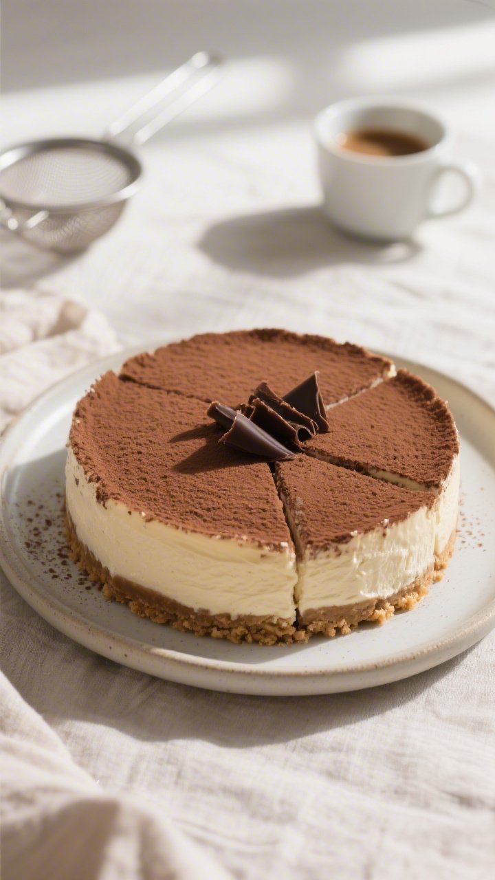Overhead shot of a chilled Low-Calorie Tiramisu Cheesecake just after unmolding, top dusted evenly w