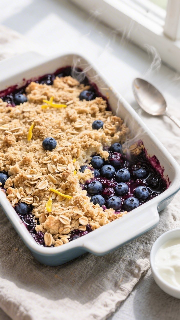 Overhead shot of a freshly baked Blueberry Protein Crumble in an 8-inch square baking dish, bubbling