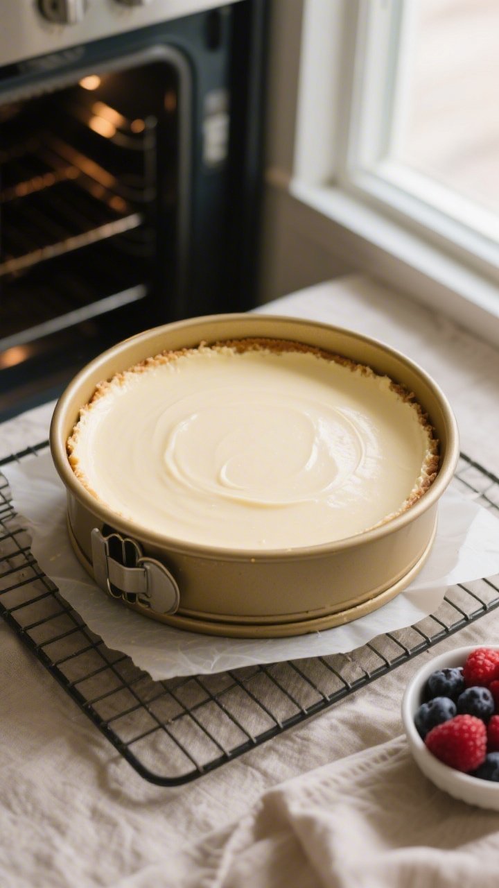 Overhead shot of a freshly baked high-protein cheesecake in a 9-inch springform pan, center still sl