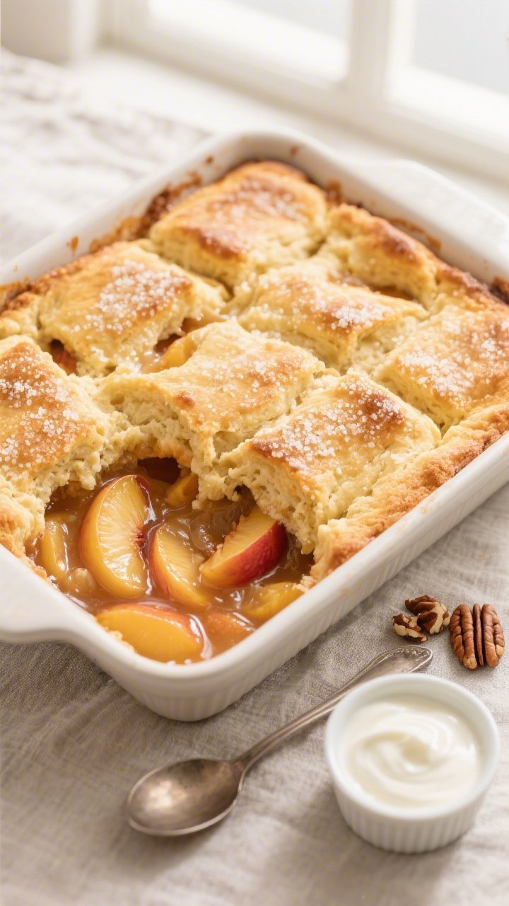 Overhead shot of a freshly baked high-protein peach cobbler in a 9-inch square baking dish, golden b
