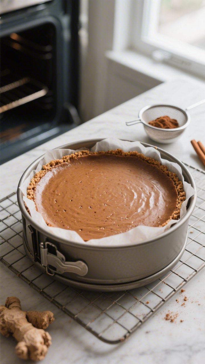 Overhead shot of a freshly baked low-calorie gingerbread cheesecake in a 9-inch springform pan, edge