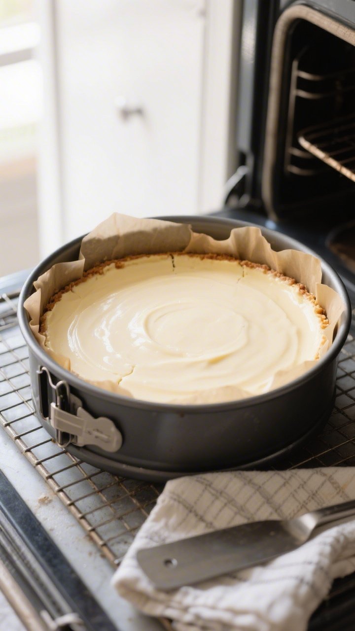 Overhead shot of a freshly baked low-calorie Greek yogurt cheesecake still in the springform pan, ed