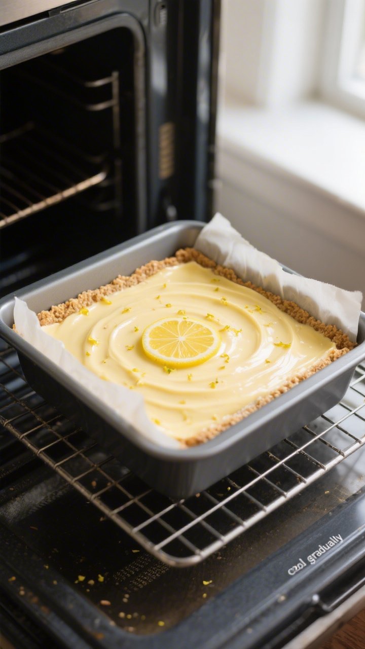 Overhead shot of a freshly baked slab of Lemon Protein Cheesecake Bars cooling in an 8x8 pan lined w