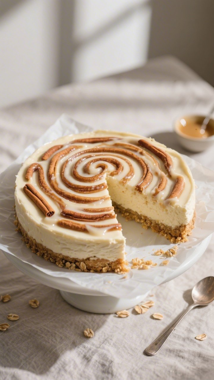 Overhead shot of a freshly glazed Low-Calorie Cinnamon Roll Cheesecake on a parchment-lined cake sta