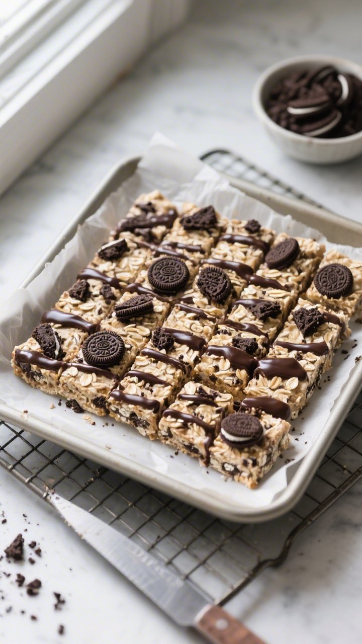 Overhead shot of a freshly sliced slab of No Bake Cookies & Cream Protein Bars on parchment lifted f
