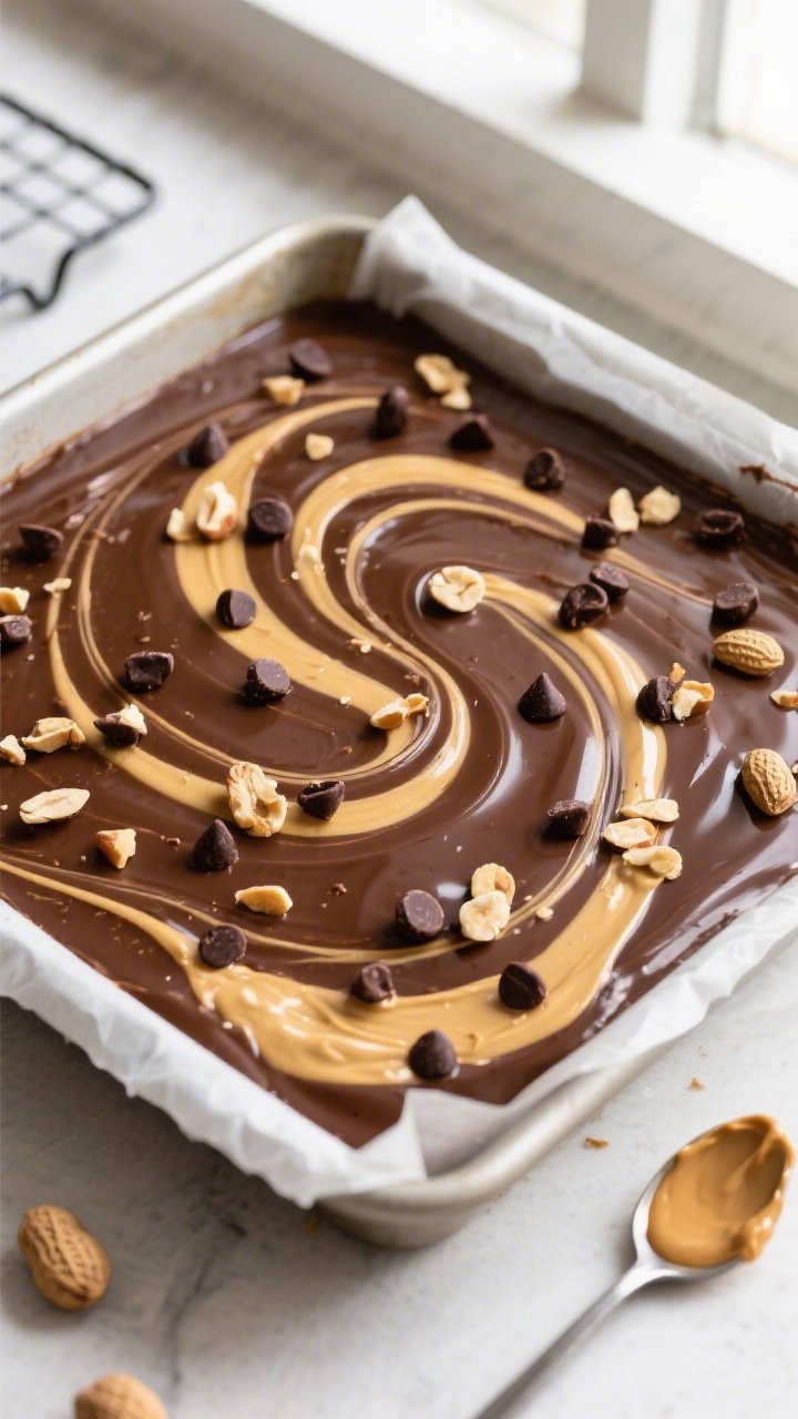 Overhead shot of a freshly swirled pan of High Protein Chocolate Peanut Butter Swirl Fudge in an 8x8
