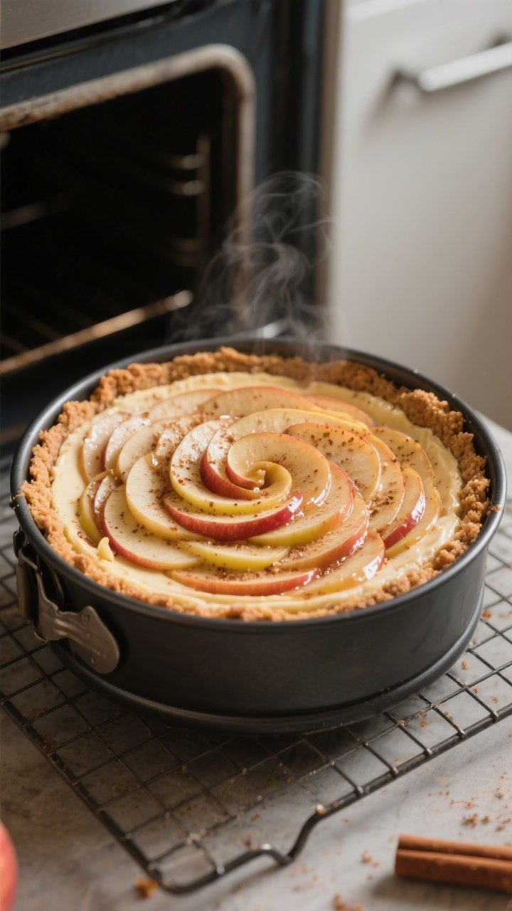 Overhead shot of a low-calorie apple cinnamon cheesecake just out of the oven at the “slight jiggl