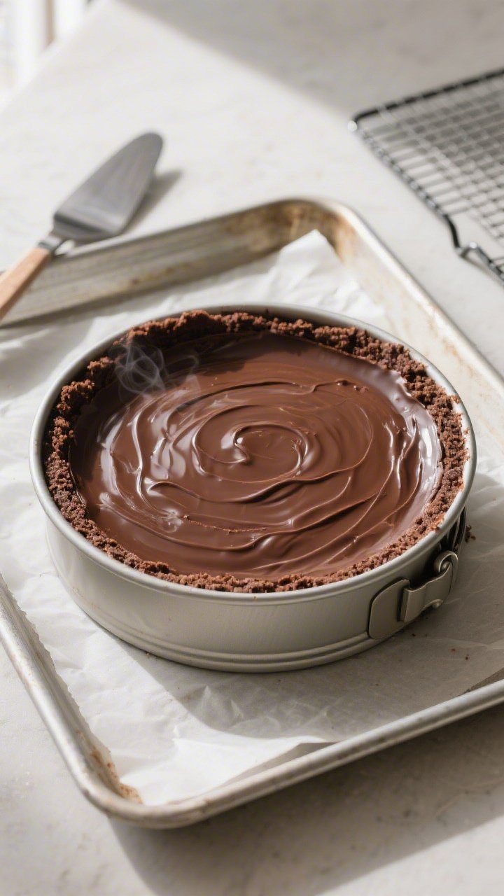 Overhead shot of a low-calorie chocolate cheesecake just out of the oven, still in the springform pa