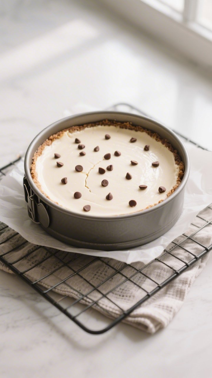 Overhead shot of a low-calorie chocolate chip cheesecake just out of the oven, edges set with a gent
