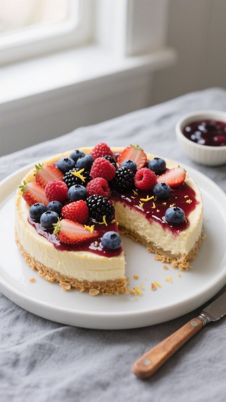 Overhead shot of a low-calorie mixed berry cheesecake just released from the springform after overni