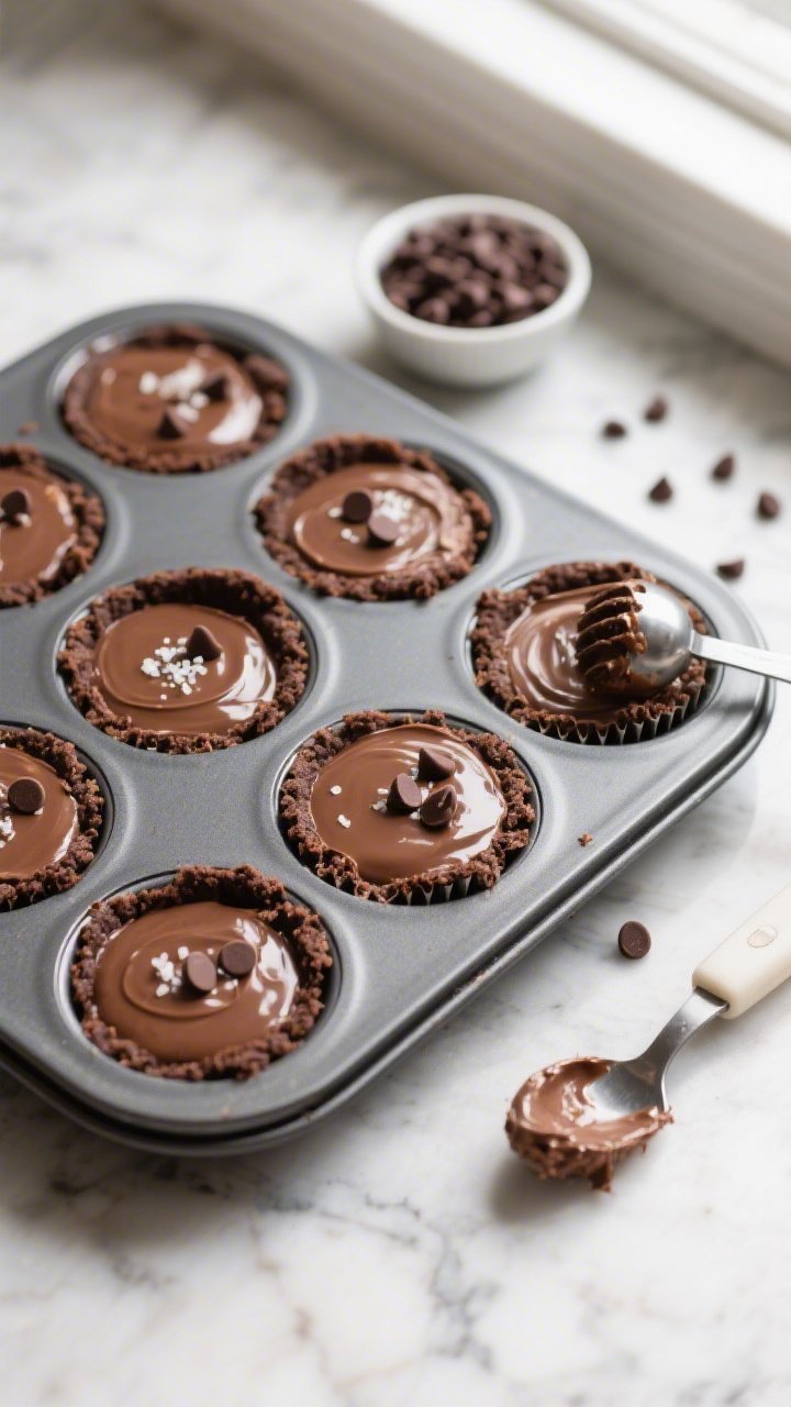 Overhead shot of a mini muffin pan filled with prepared no-bake chocolate protein cheesecake bites j