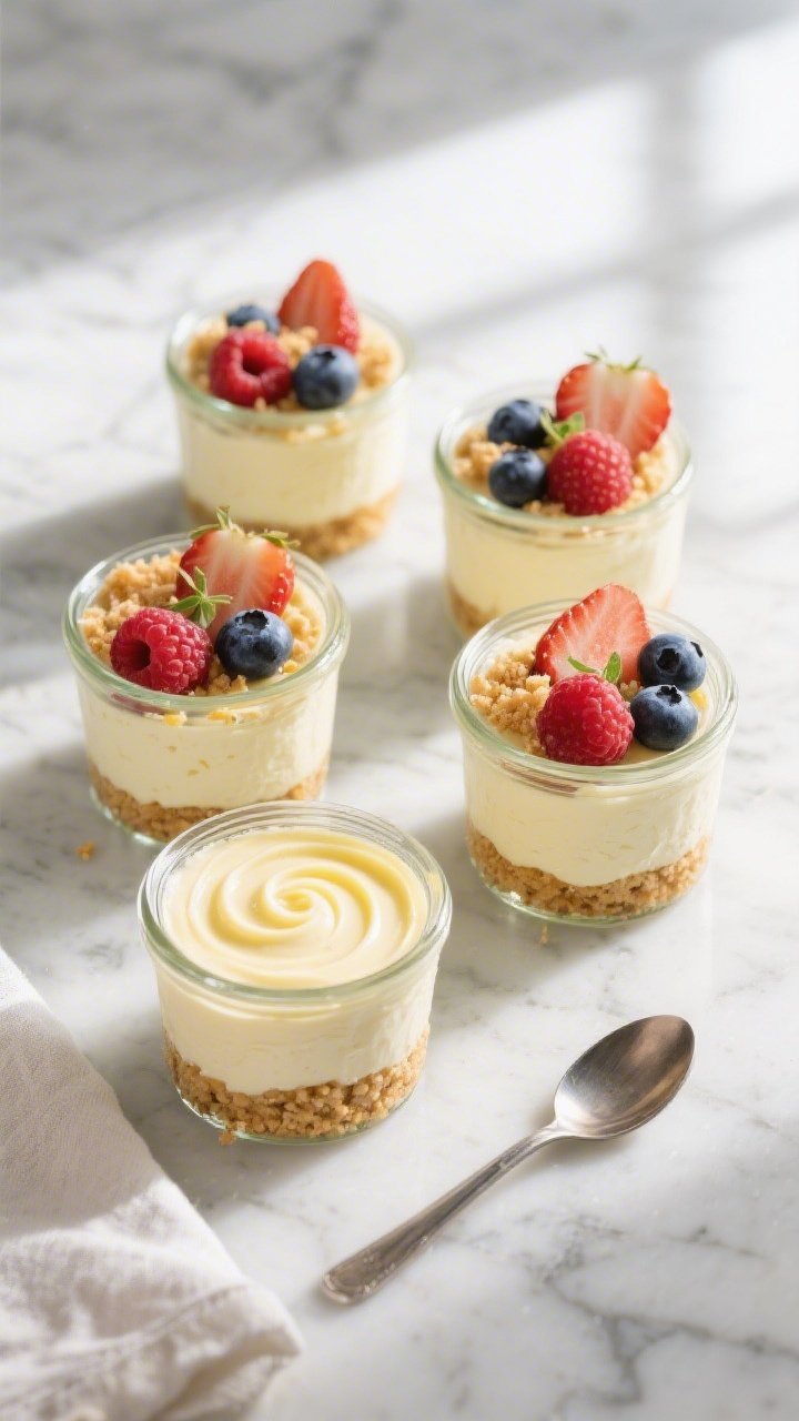 Overhead shot of assembled mini no-bake cheesecake jars after chilling, four 4–6 oz glass jars on 