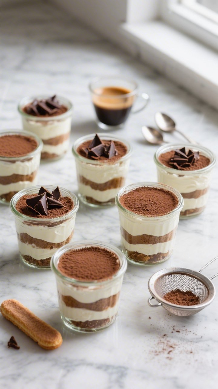 Overhead shot of assembled Protein Tiramisu Dessert Cups after chilling, presented as 6–8 small gl