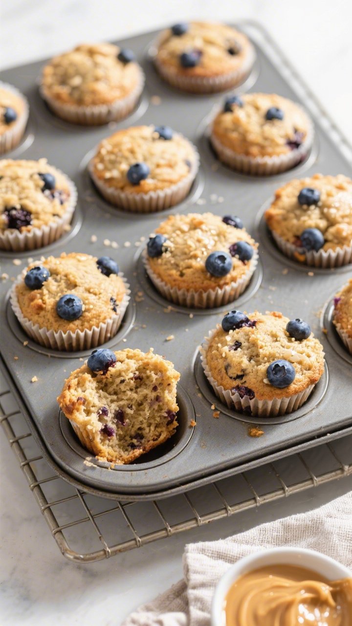 Overhead shot of freshly baked blueberry protein muffins cooling in a 12-cup muffin tin on a wire ra