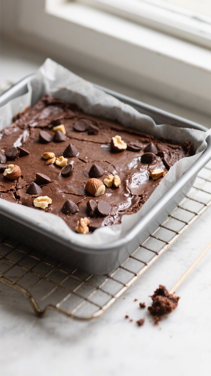 Overhead shot of freshly baked Chocolate Hazelnut Protein Spread Brownies cooling in an 8x8-inch par