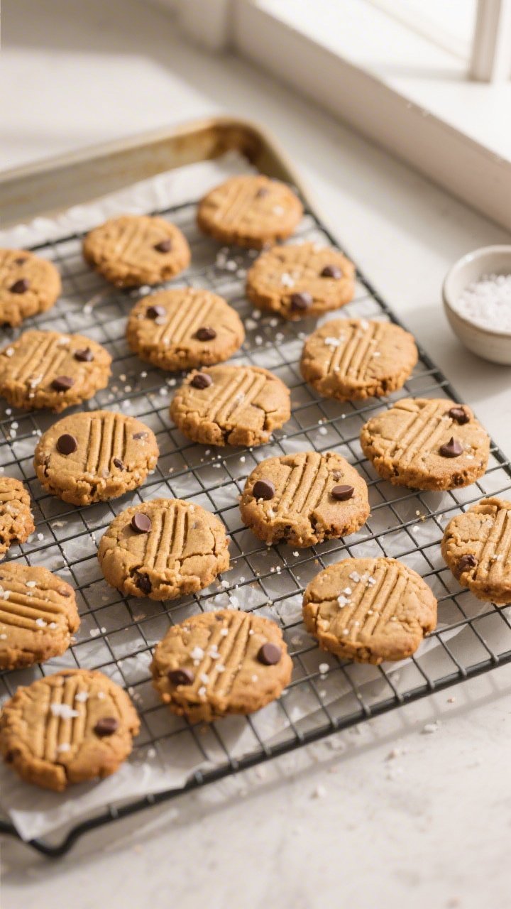 Overhead shot of freshly baked flourless peanut butter protein cookies cooling on a wire rack, 14–