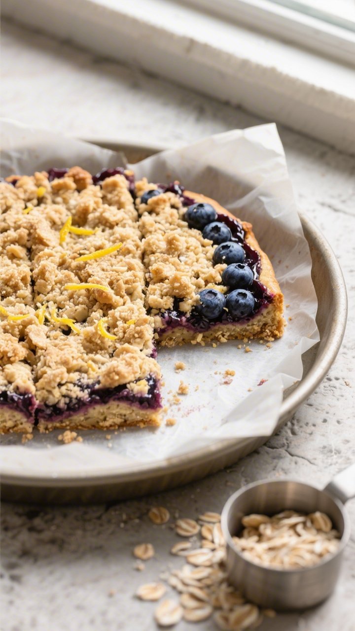 Overhead shot of freshly baked High Protein Blueberry Crumble Bars cooling in an 8-inch parchment-li