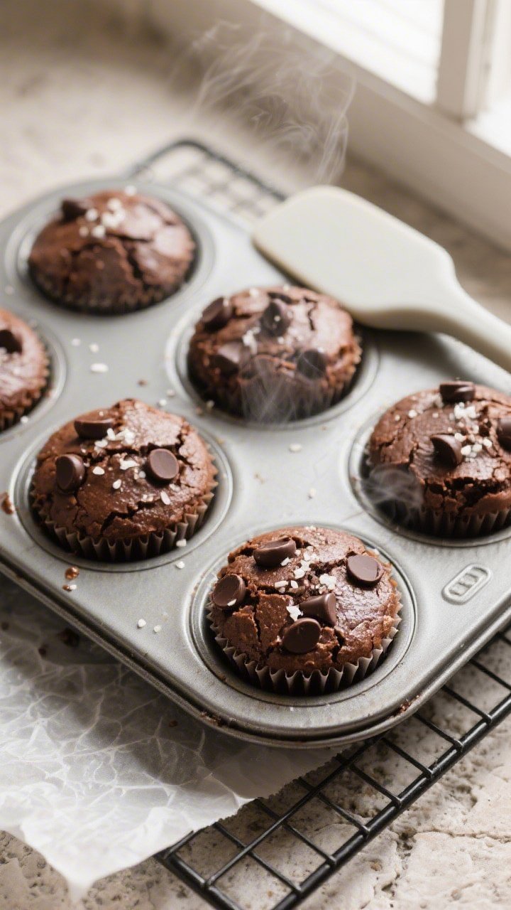Overhead shot of freshly baked high protein brownie bites in a mini muffin tin just out of the oven,