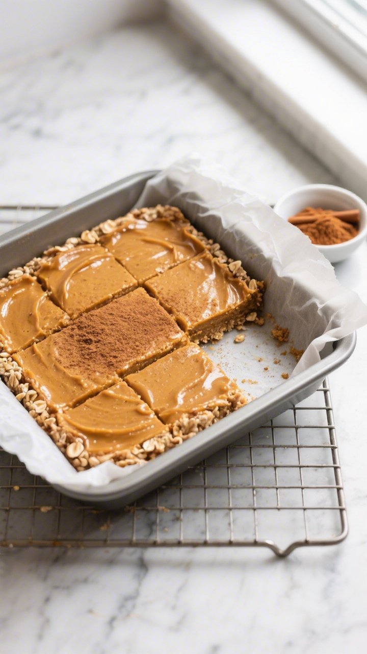 Overhead shot of freshly baked High Protein Pumpkin Pie Bars cooling in an 8x8 pan, filling set with
