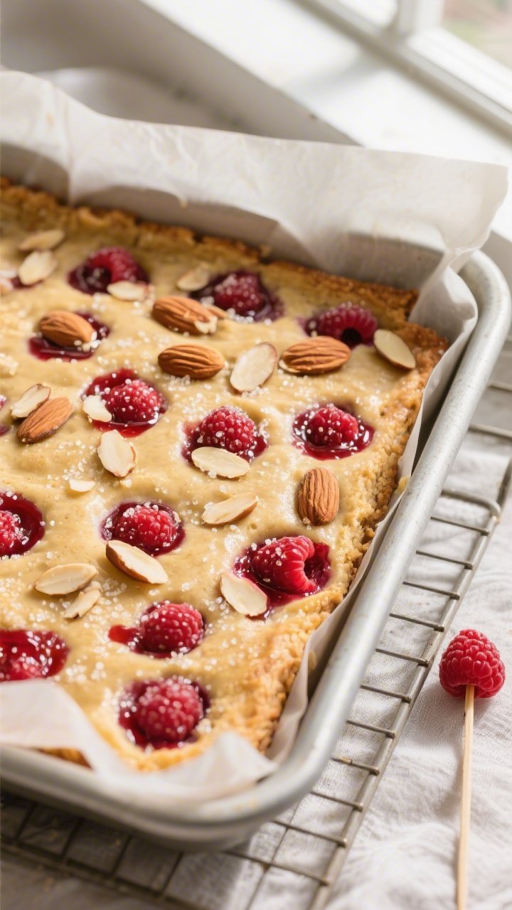 Overhead shot of freshly baked High Protein Raspberry Almond Dessert Bars cooling in an 8-inch parch