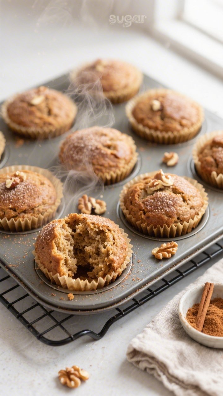 Overhead shot of freshly baked Keto Apple Spice Muffins cooling in a parchment-lined muffin tin on a